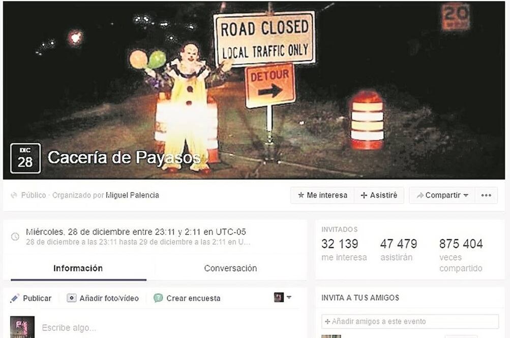 En las redes sociales se han creado grupos, principalmente de denuncia, contra las personas disfrazadas de payaso que asustan a los transeúntes a medianoche (TOMADA DE FACEBOOK)