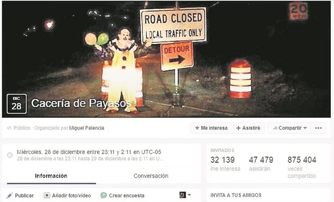 En las redes sociales se han creado grupos, principalmente de denuncia, contra las personas disfrazadas de payaso que asustan a los transeúntes a medianoche (TOMADA DE FACEBOOK)