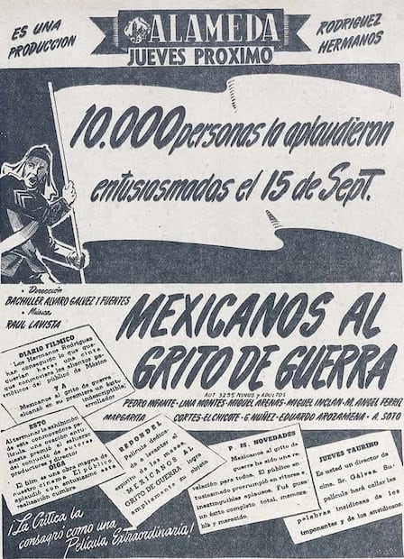 Anuncio por el estreno de Mexicanos al Grito de Guerra; “10 mil personas la aplaudieron entusiasmados el 15 de sept”. Foto: Hemeroteca EL UNIVERSAL.