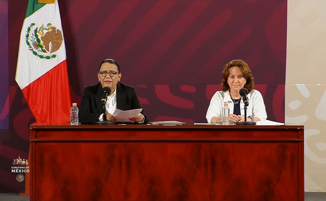 Rosa Icela Rodríguez y Sara Irene Herrerías en conferencia de prensa por muerte de migrantes en incendio en Ciudad Juárez, Chihuahua / Foto: Captura Youtube Presidencia