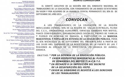 Convoca Sección 22 a realizar 'Grito Magisterial y Popular' en Oaxaca
