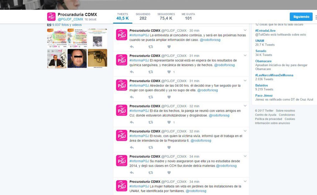 Tuits acerca de la estudiante de la UNAM que se encontró muerta en las instalaciones de CU. (Tomada de Twitter)