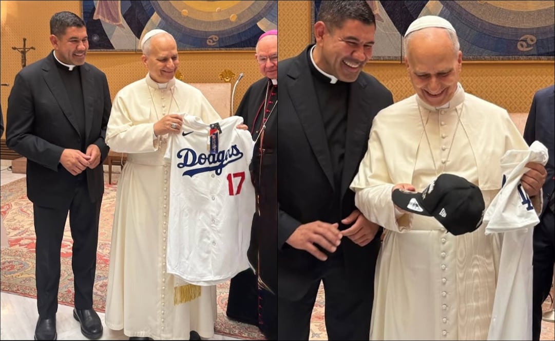 El Papa León XIV sostiene la camisola de Shohei Ohtani, de los Dodgers. FOTO: @desdelafe