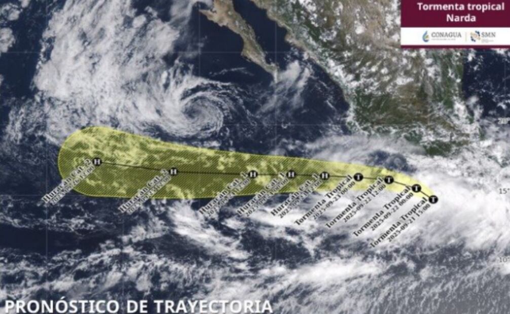 Pronostico de trayectoria de tormenta tropical "Narda" (21/09/2025). Foto: Conagua