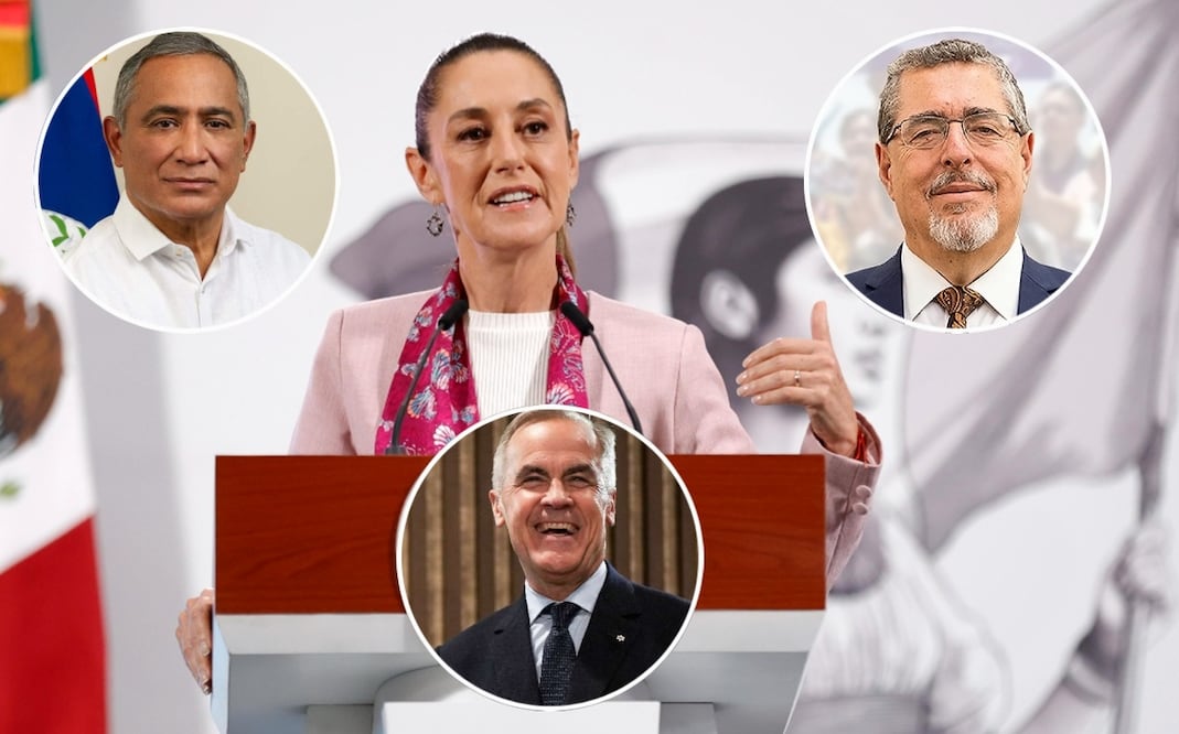 La presidenta Claudia Sheinbaum durante la mañanera del 7 de agosto de 2025. Bernardo Arévalo, presidente de Guatemala, primer ministro de Belice, John Briceño y primer ministro de Canadá, Mark Carney Fotos: Diego Simón Sánchez / EL UNIVERSAL, Especial y tomada de la cuenta de X de @JohnBricenoBZE.