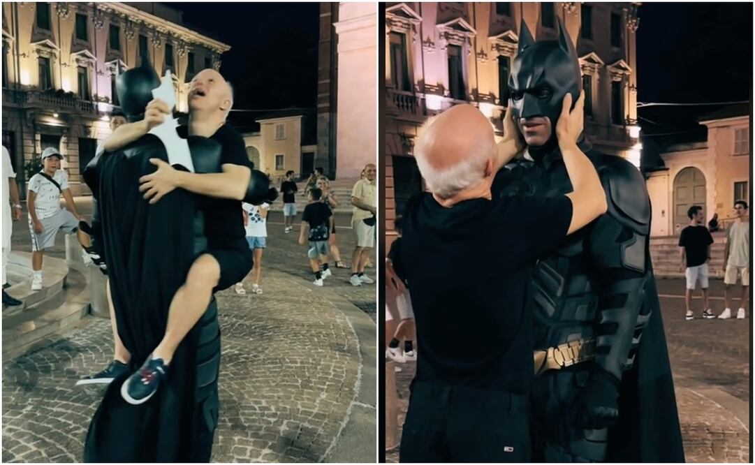 Hombre de la tercera edad con síndrome de Down se encuentra con “Batman” en Italia. Foto: Capturas de TikTok @maxwaynebatman