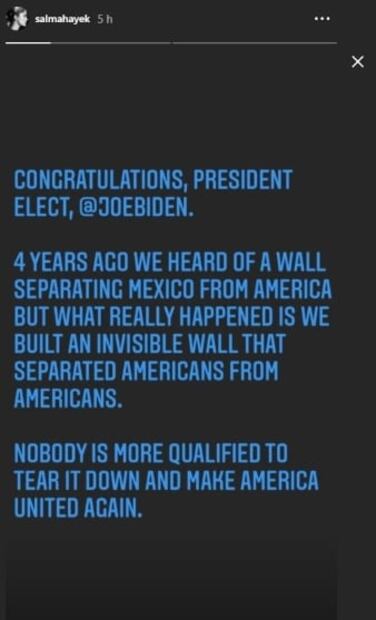 Salma Hayek, como Estatua de la Libertad, escribe a Joe Biden y Kamala Harris