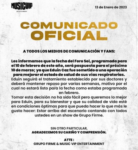 Eduin Caz, de Grupo Firme, reaparece en redes tras aplazar su concierto del Foro Sol por problemas de salud