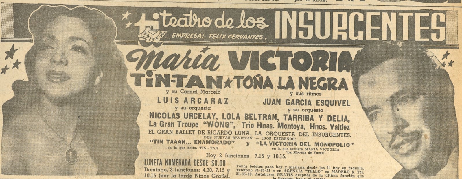 María Victoria y Tin Tan encabezaron cartelera en el Teatro Insurgentes en 1954.
Hemeroteca EL UNIVERSAL.