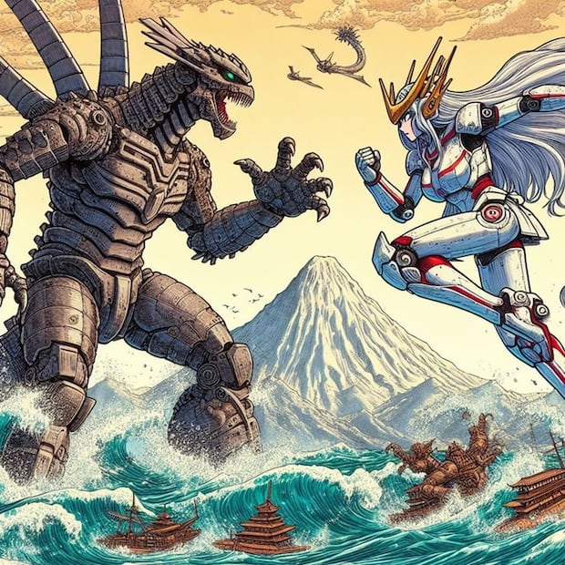 Sólo Japón producía escenas que mezclaban su milenaria nación con batallas entre mechas y monstruos descomunales (los famosos kaijus). Pinterest.
