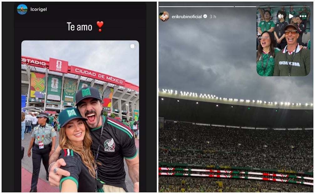 Andrea Legarreta con su novio Luis Carlos Origel; Erik Rubín y su novia Geraldine Zárate, los cuatro en el partido México-Chequia. 
Fotos: Instagram.