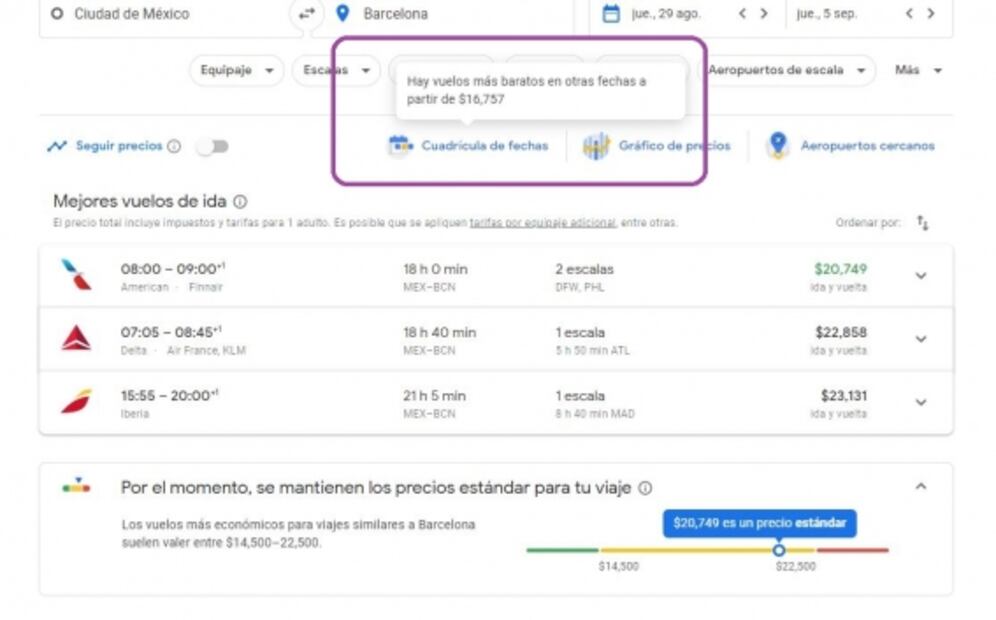 Google te dice si el vuelo que hallaste está muy caro o muy barato