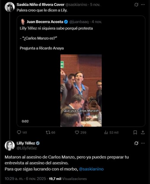 Saskia Niño de Rivera vs Lilly Téllez en redes sociales. Foto: captura de pantalla