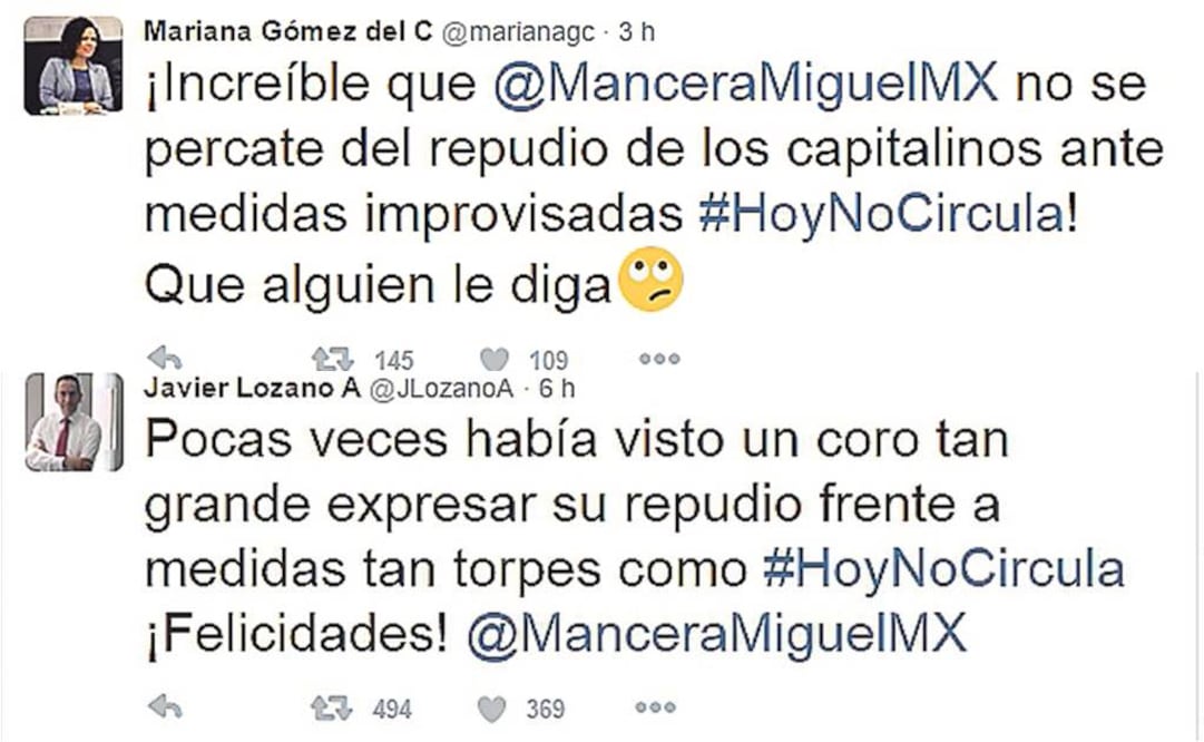 Algunos de los mensajes que circularon en las redes sociales sobre la nueva norma temporal aplicada por la Comisión Ambiental de la Megalópolis (TOMADAS DE TWITTER)