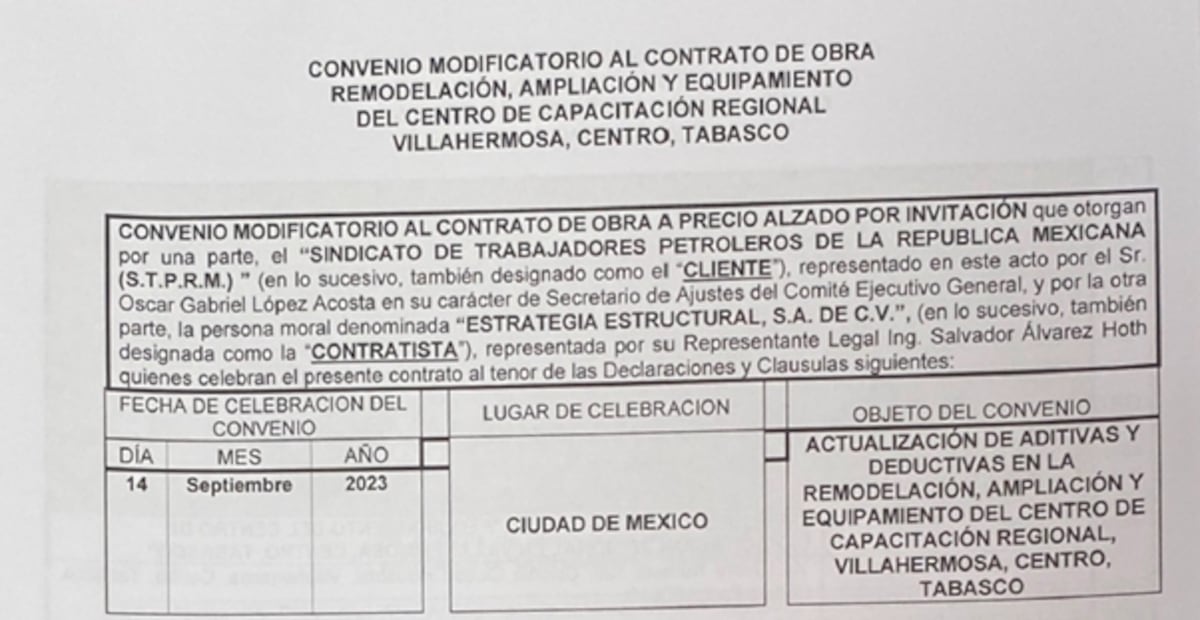 Imágenes de un contrato entre el sindicato de Pemex y Estrategia Estructural para remodelar un centro de capacitación en Tabasco.
