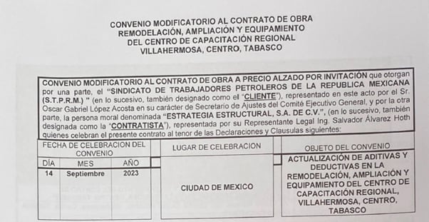 Imágenes de un contrato entre el sindicato de Pemex y Estrategia Estructural para remodelar un centro de capacitación en Tabasco.