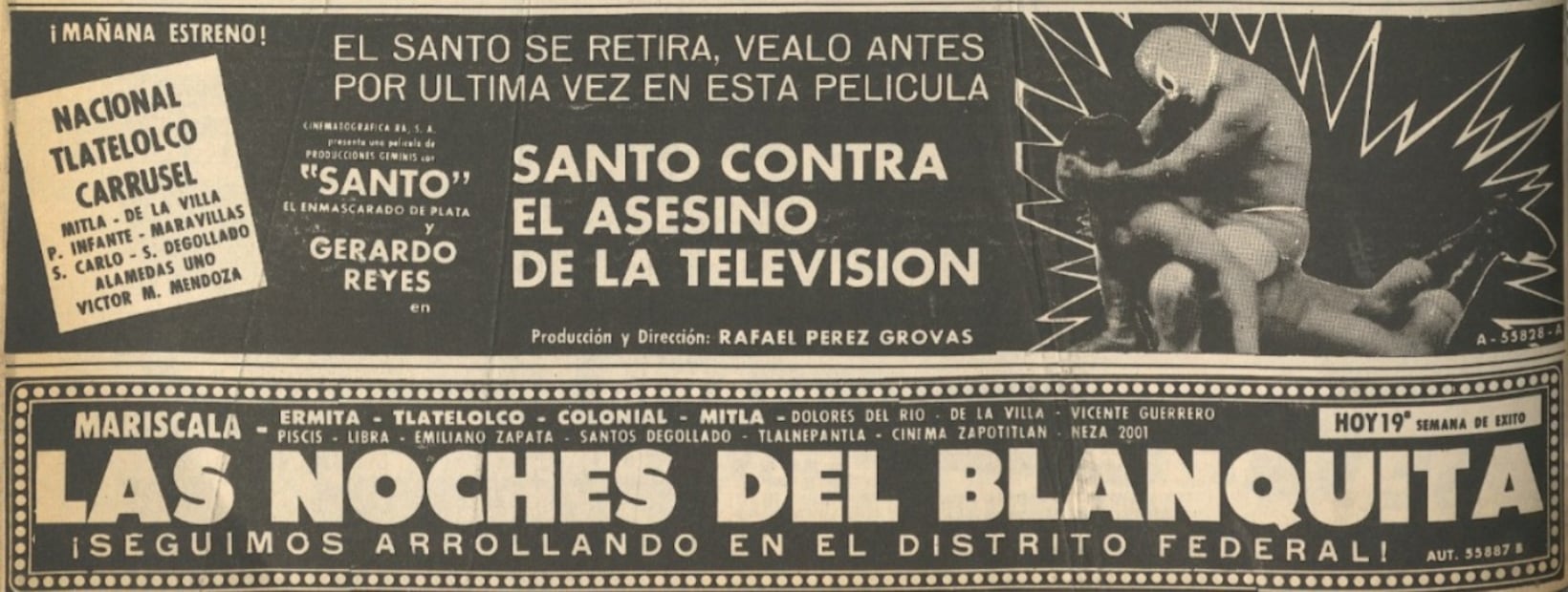 "El Santo" en cartelera en septiembre de 1982. Coincidencialmente también se anunciaba una película sobre el Teatro Blanquita, recinto en el que dos años después murió el luchador.
Hemeroteca EL UNIVERSAL.