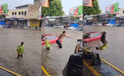 Jóvenes hacen competencia de clavados en Mercado de Guadalajara tras inundaciones; video se viraliza