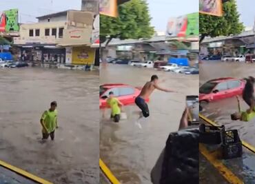 Jóvenes hacen competencia de clavados en Mercado de Guadalajara tras inundaciones; video se viraliza