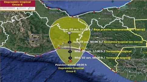 Se forma depresión tropical Once-E frente a Chiapas y Oaxaca; se esperan lluvias en varias regiones de México