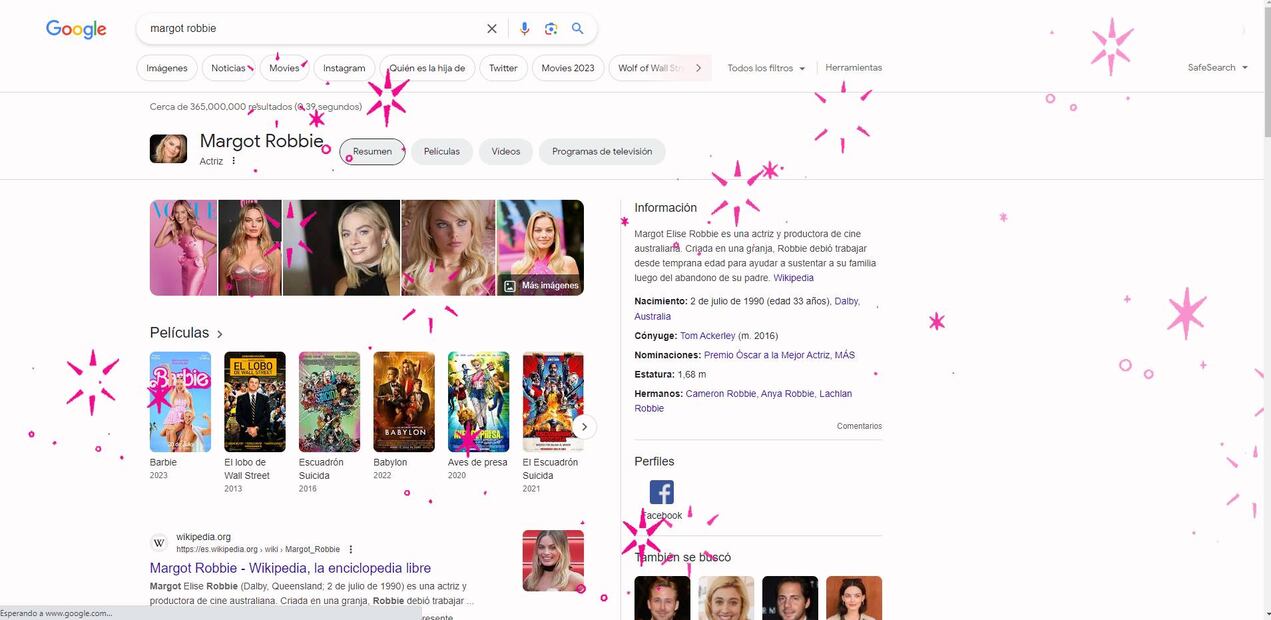 Lo mismo ocurre cuando los usuarios buscan Margot Robbie en la barra de Google. / Foto: Captura de pantalla. 