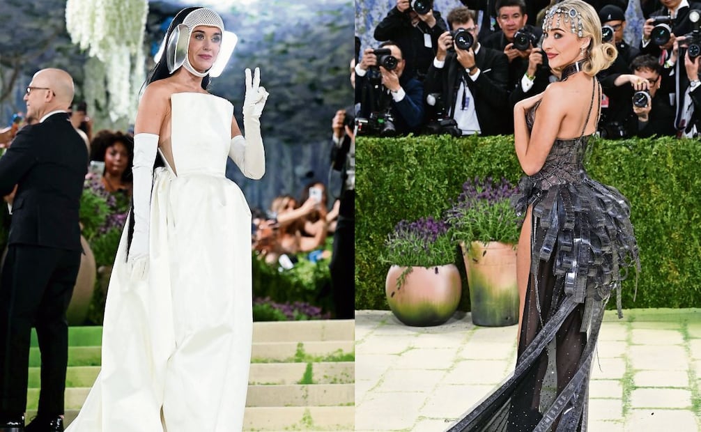 De marfil Katy Perry en un vestido futurista de Stella McCartney/Sabrina Carpenter
lució un vestido de Dior diseñado con cintas de video y rollos fotográficos. Foto: Agencias
