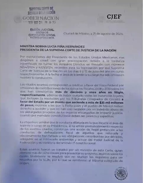 Oficio de Gobernación a ministra Piña por pago de impuestos de Grupo Salinas. Foto: Captura