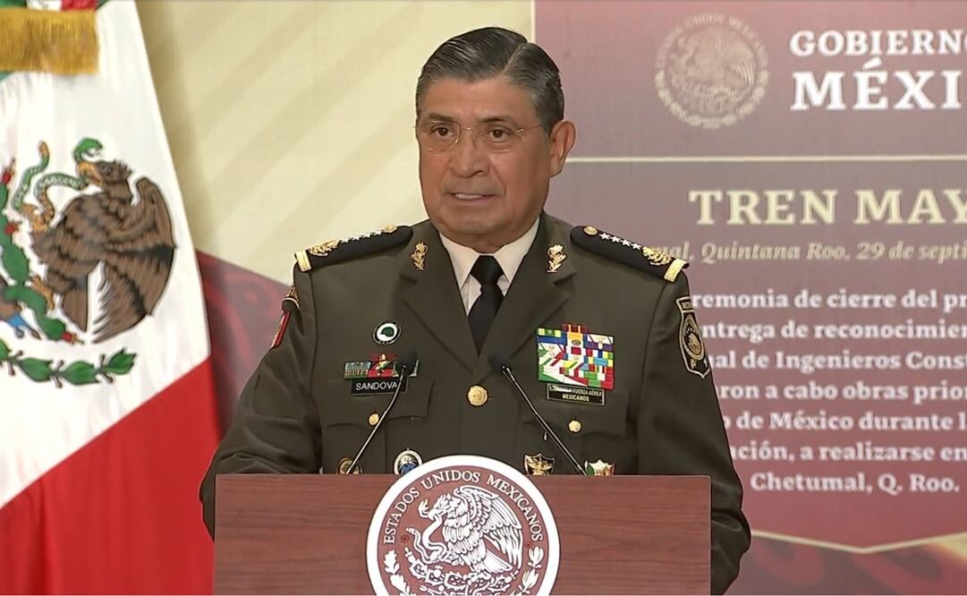 General Luis Cresencio Sandoval en la Ceremonia de cierre del proyecto Tren Maya, último evento público del presidente Andrés Manuel López Obrador. Foto: captura de pantalla