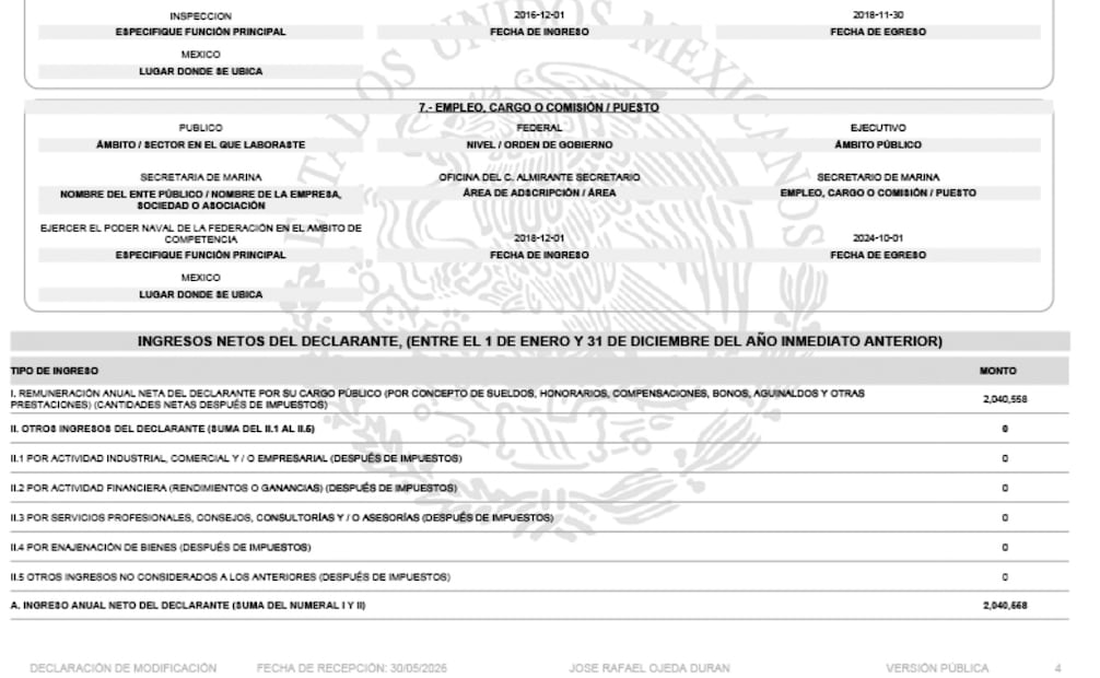 De acuerdo con la declaración patrimonial del exsecretario de Marina, obtuvo un ingreso anual neto de 2 millones 40 mil 558 pesos.