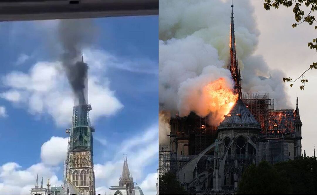 Incendio en la catedral francesa de Ruán (izquierda) e incendio de la catedral de Notre Dame, en 2019 (derecha). Foto: AFP