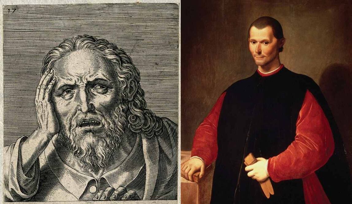 Izquierda: Retrato de Heráclito de Éfeso. Crédito: World History Encyclopedia Derecha: Retrato de Maquiavelo por el pintor italiano Santi di Tito. El filósofo analizó la guerra como un fenómeno político deslindado de concepciones morales. Crédito: Britannica.