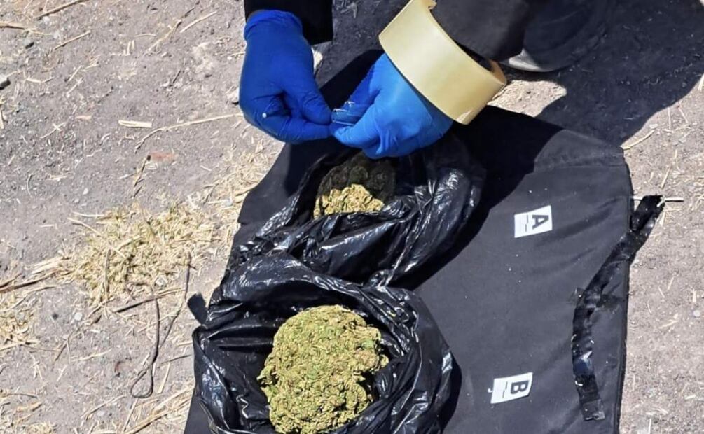 En el lugar hallaron una bolsa con hierba seca (marihuana), etiquetada con dibujos y siglas de un grupo criminal (07/05/2025). Foto: Especial