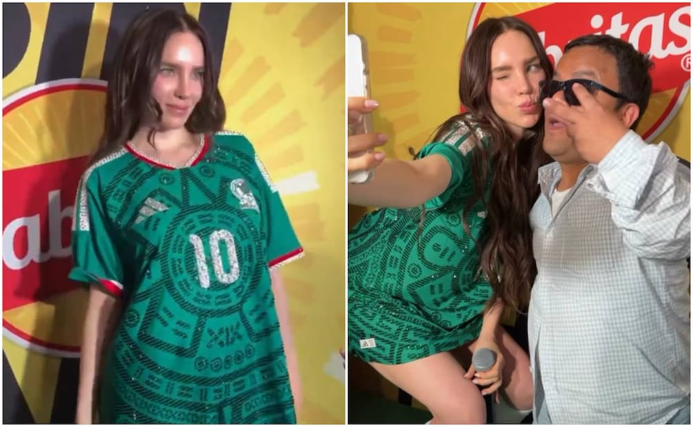 Belinda en convivencia con sus fans en evento; luce playera de la Selección Mexicana personalizada.