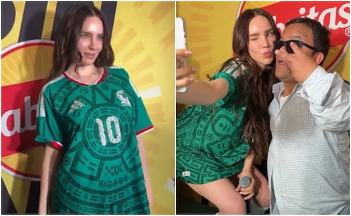 Belinda en convivencia con sus fans en evento; luce playera de la Selección Mexicana personalizada.