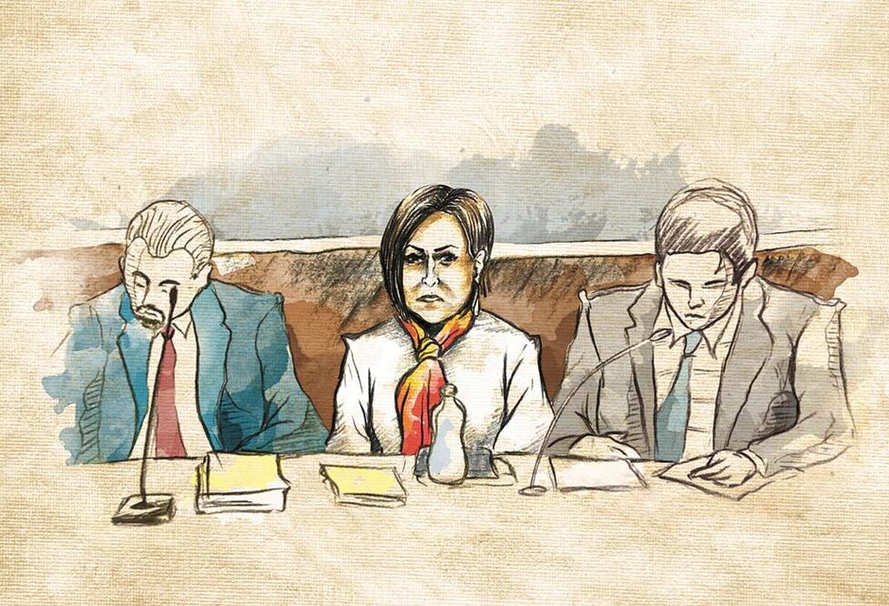 Rosario Robles durante la audiencia en el Reclusorio Sur, luego de que la fiscalía la acusara de participar en el desvío de 5 mil millones de pesos. IMAGEN: ilustración de Daniel Razo