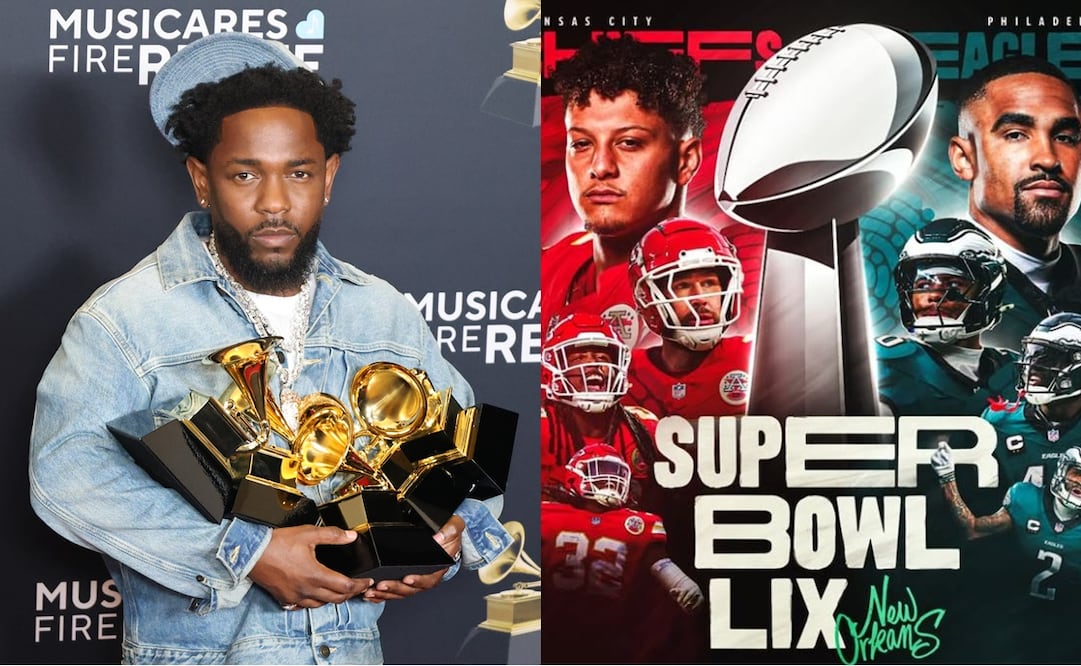 Kendrick Lamar en la 67 ceremonia anual de los premios Grammy y el poster promocional del Super Bowl LIX - Fotos: EFE y @nfl en Instagram