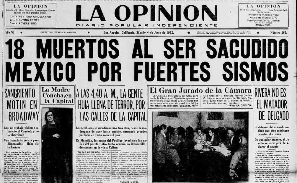Entre los diarios que publicaron el suceso, una gran variedad de periódicos norteamericanos redactados en español hicieron una cobertura detallada del sismo para los lectores de habla hispana. En la imagen se observa la edición de un periódico de los Ángeles conocido como “La Opinión”. Foto: Library of Congress/ Especial.