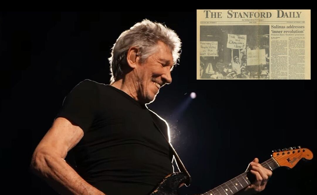 Roger Waters y periódico donde Claudia Sheinbaum aparece en protesta universitaria por el TLC. Foto: X @rogerwaters