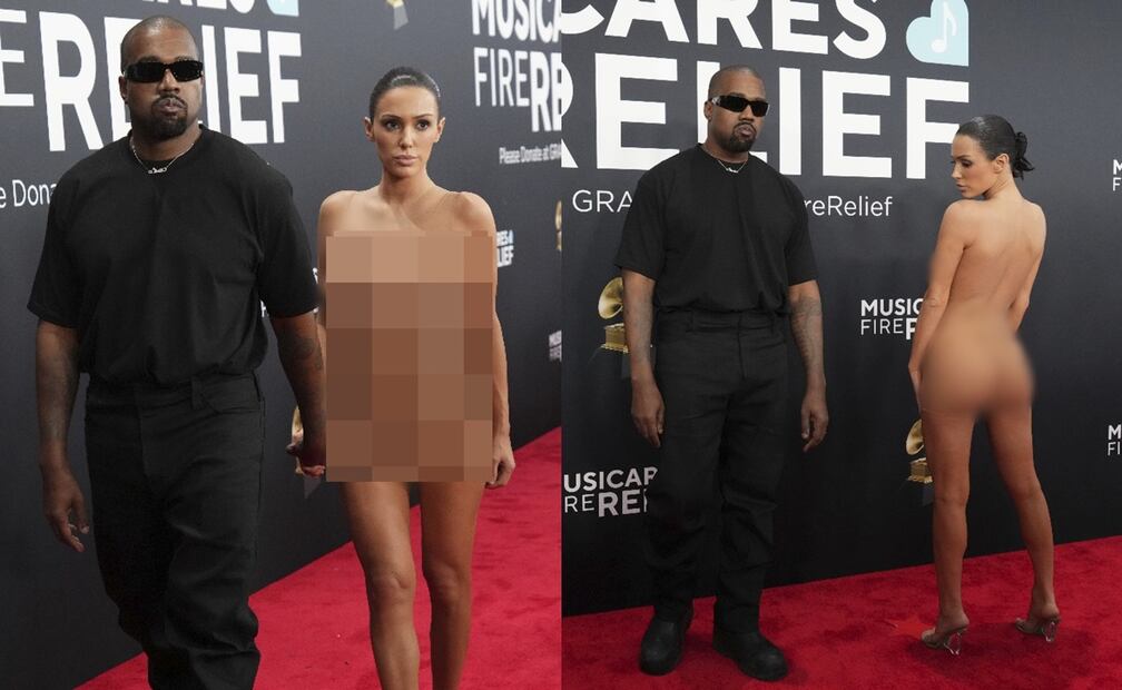 Kanye West y Bianca Censori hicieron una sorprendente aparición, con Bianca luciendo un vestido completamente transparente que dejó poco a la imaginación. Foto:AP.