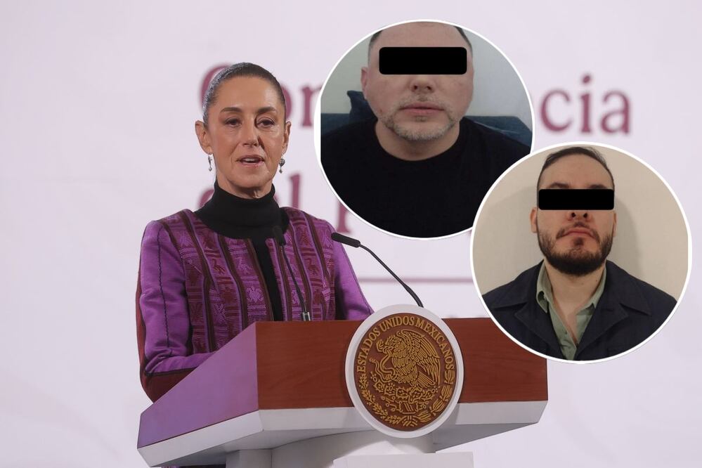 Claudia Sheinbaum, presidenta de México, durante la mañanera del 20 de febrero del 2025 en Palacio Nacional destaca la detención de "El 200" y "El Güerito". Fotos: Gabriel Pano / EL UNIVERSAL y Especiales