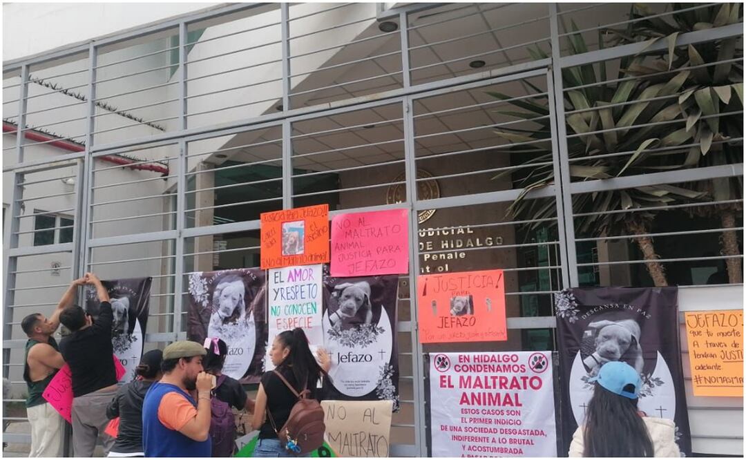 Un grupo de personas se manifestaron en los juzgados de Pachuca para exigir justicia a “Jefazo”. Este día se celebró la audiencia en contra de su agresor, a quien le fue dictada la prisión preventiva justificada. Foto: Especial