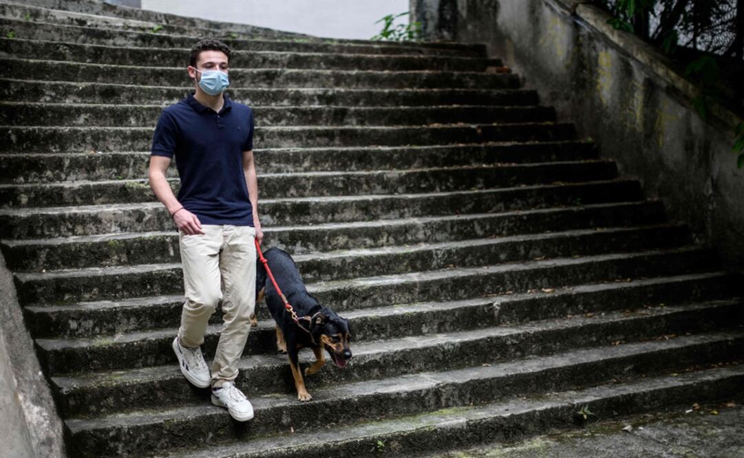 A man wears a face mask as a precautionary measure against the COVID-19 coronavirus while out walking his foster dog - Photo: Anthony Wallace AFP
