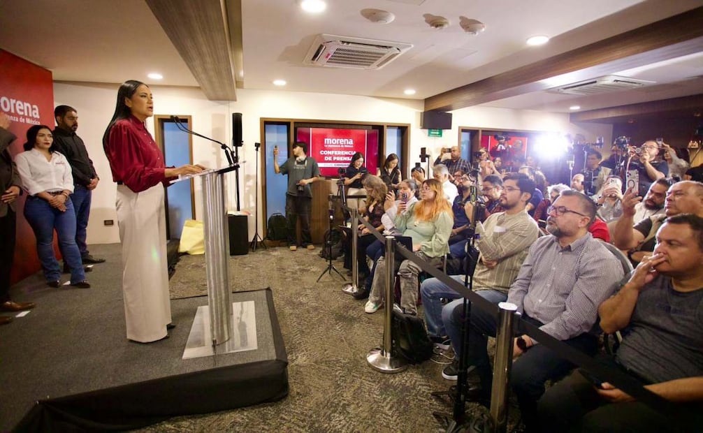 La presidenta de Morena, Ariadna Montiel, en conferencia de prensa desde Chihuahua este martes 12 de mayo de 2026. Foto: Especial