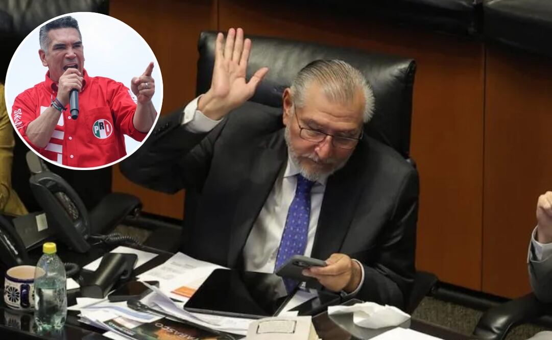 El senador Adán Augusto López durante la sesión de la Comisión Permanente en el Senado. En el círculo: Alejadro Moreno, presidente nacional del PRI. Fotos: Gabiel Pano y Luis Camacho / EL UNIVERSAL