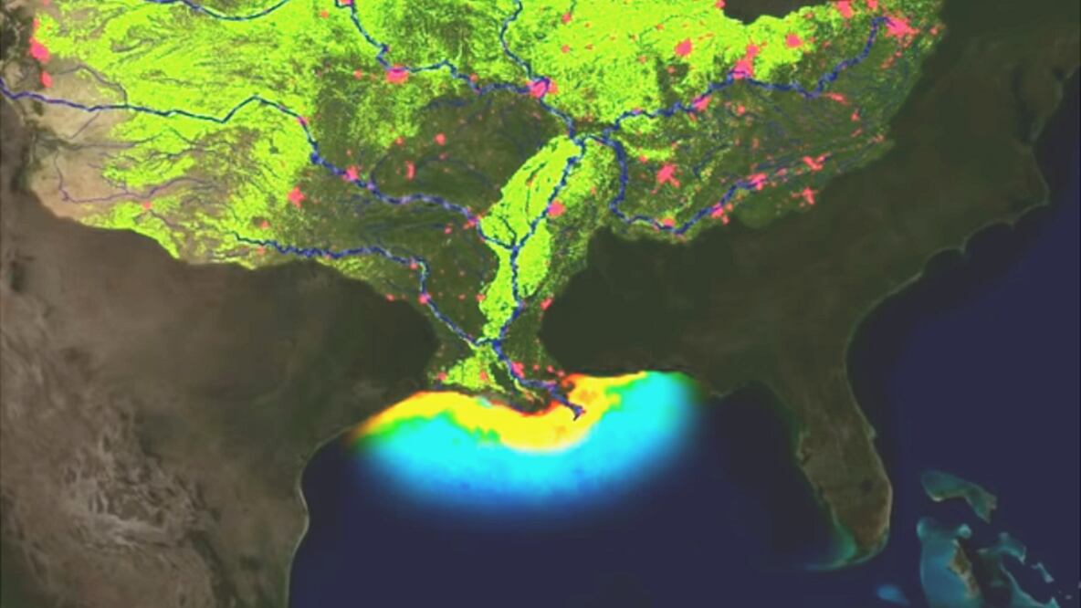 Los ríos transportan nitratos y fósforo de los fertilizantes, así como aguas residuales de ciudades, que son descargados al Golfo de México. Foto: NOAA NESDIS