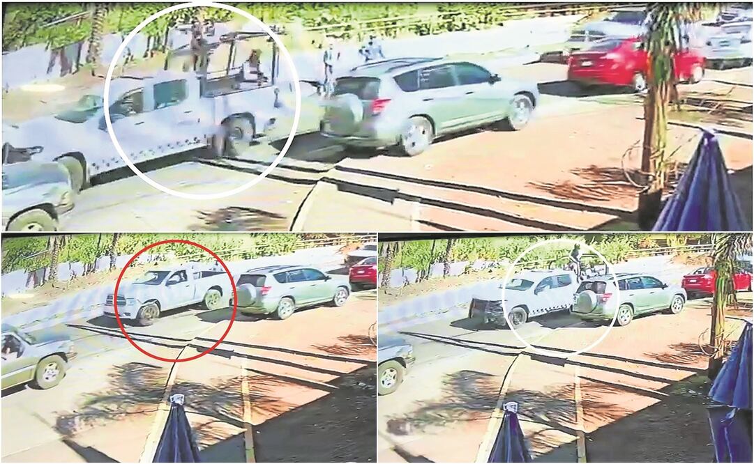 En las imágenes captadas por diversas cámaras de seguridad de la zona se observa una camioneta de la Guardia Nacional al frente del convoy, atrás la camioneta gris asegurada con los detenidos y en la retaguardia otra patrulla. Fotos: VIDEOS DE SEGURIDAD