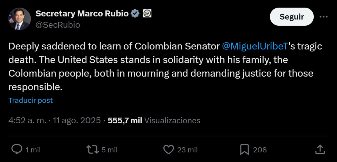 Marco Rubio a través de su cuenta oficial de X. Foto: captura de pantalla