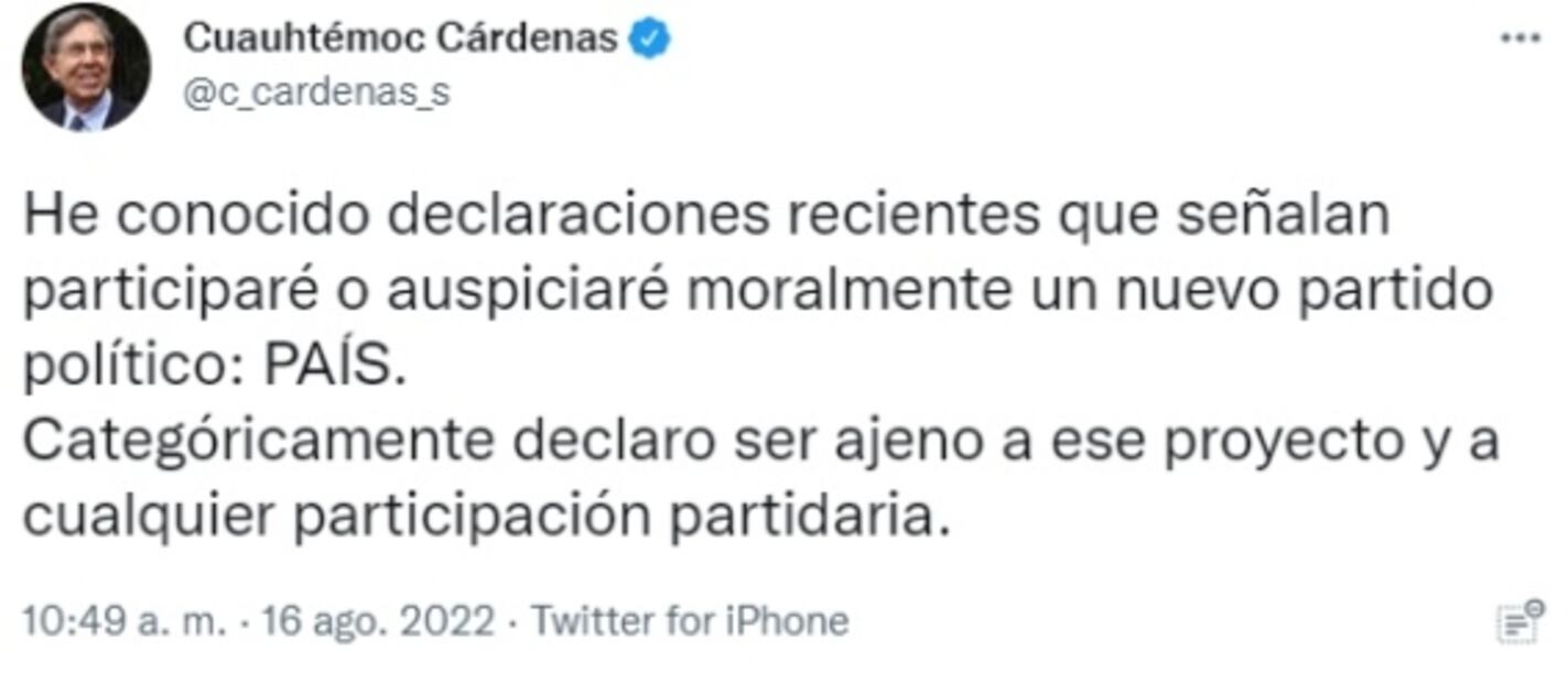 Cuauhtémoc Cárdenas rechaza participación en el nuevo partido político PAÍS