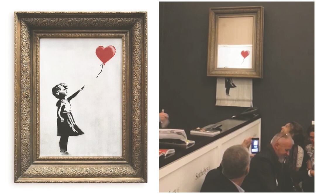 El cuadro Girl with Balloon (Niña con un Globo), del artista británico Banksy, antes y después de su autodestrucción, durante una subasta la noche del viernes en la casa Sotheby’s, de Londres. Foto: AP Y REUTERS