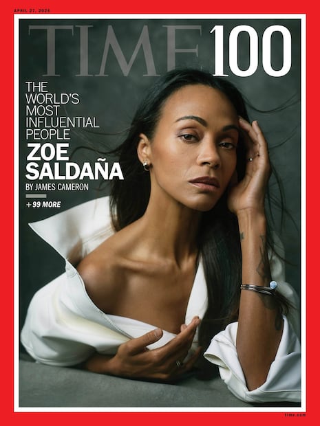 La portada de la revista Time, con la actriz Zoe Saldaña, una de las líderes más influyentes, en la lista 2026. FOTO: EFE